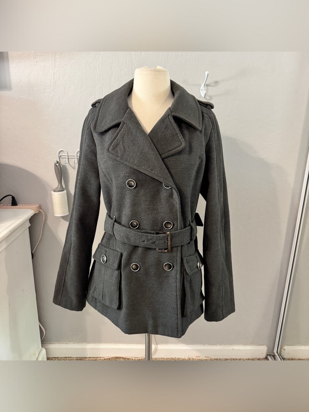 Y2K Double-Breasted Belted Peacoat - Dark Grey